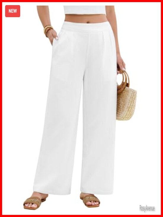 Pants - 100% Cotton Wide Leg Palazzo Pants Elastic Waist Comfy Trousers